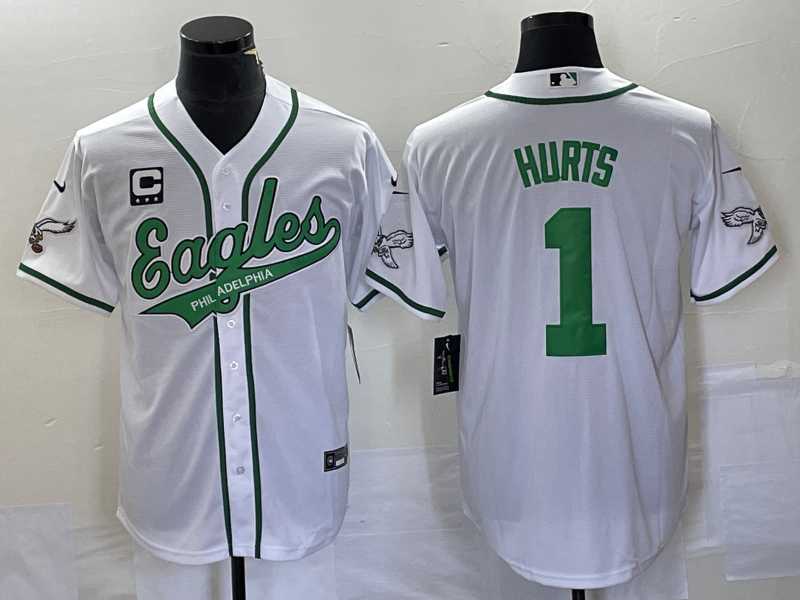 Men's Philadelphia Eagles #1 Jalen Hurts White C Patch Cool Base Stitched Baseball Jersey,We sell and wholesale Men's Philadelphia Eagles #1 Jalen Hurts White C Patch Cool Base Stitched Baseball Jersey on line form chian!